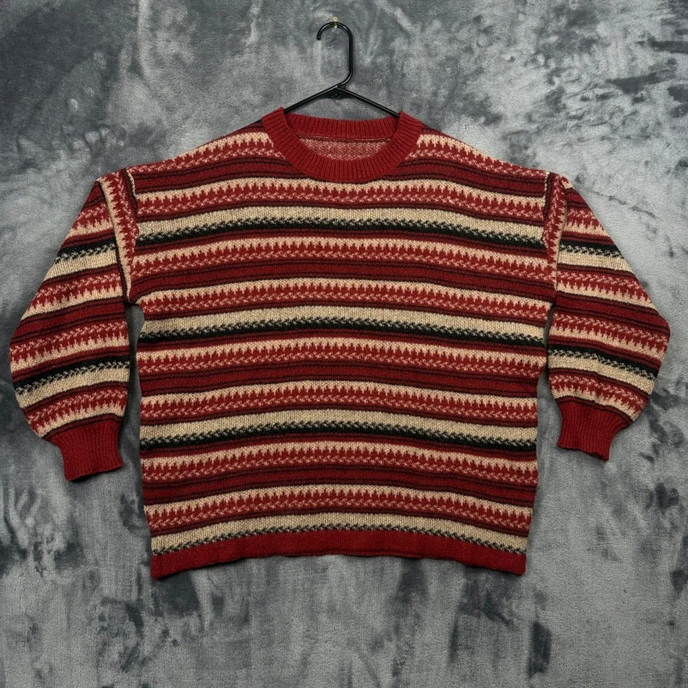 Sweater Mens XL Red Fair Isle Striped Knit Crewneck Pullover Vintage